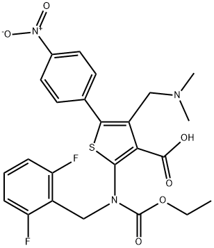 kyselina 2-((2,6-difluórbenzyl)(etoxykarbonyl)amino)-4-((dimetylamino)metyl)-5-(4-nitrofenyl)tiofén-3-karboxylová