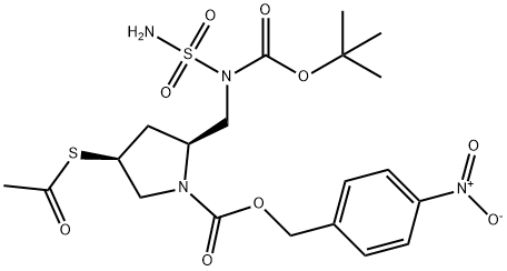 4-nitrobenzyl-(2S,4S)-4-acetyltio-2-[[N-butoxykarbonyl)amino]metyl]pyrolidín-1-sulfamoyl-N-(terc-karboxylát)
