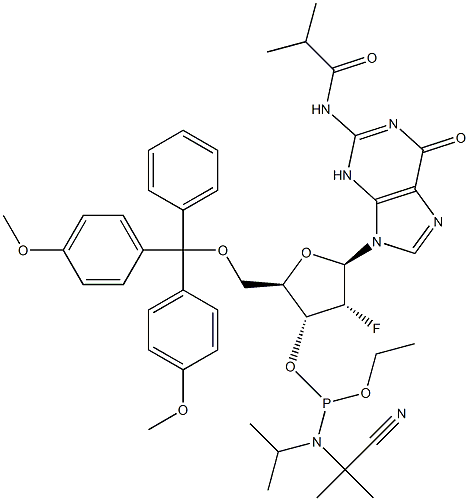 5'-0-[bis(4-metoxyfenyl)fenylmetyl]-2'-deoxy-2'-fluór-N-(2-metyl-1-oxopropyl)guanozín 3'-[2-kyanoetyl-N,N-bis( 1-metyletyl)fosforamidit]