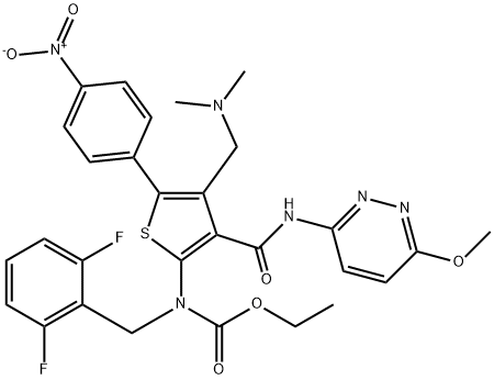 Kyselina karbámová, N-[(2,6-difluórfenyl)metyl]-N-[4-[(dimetylamino)metyl]-3-[[(6-metoxy-3-pyridazinyl)amino]karbonyl]-5-(4 -nitrofenyl)-2-tienyl]-etylester